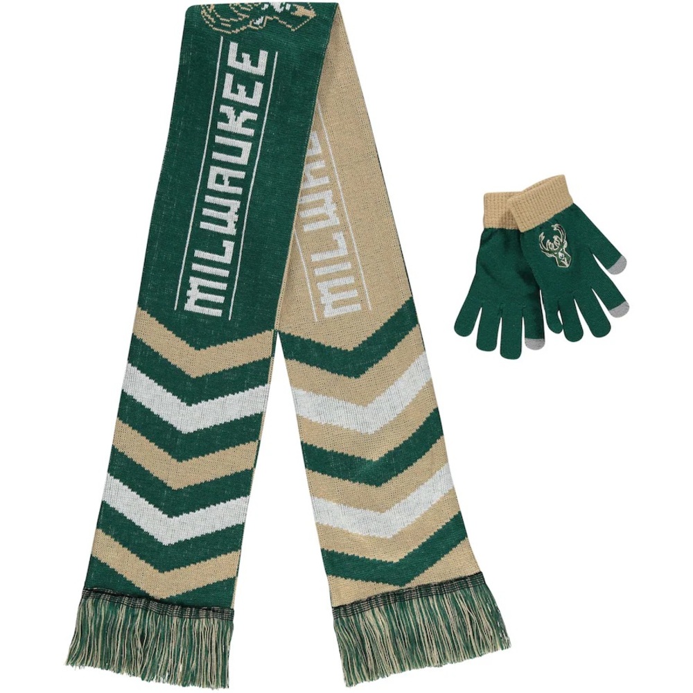 NBA Milwaukee Bucks Basketball Green Reversible FOCO Scarf and Glove Set